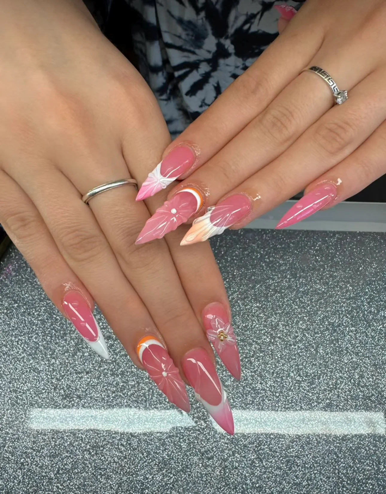 Pink floral sculpted nails