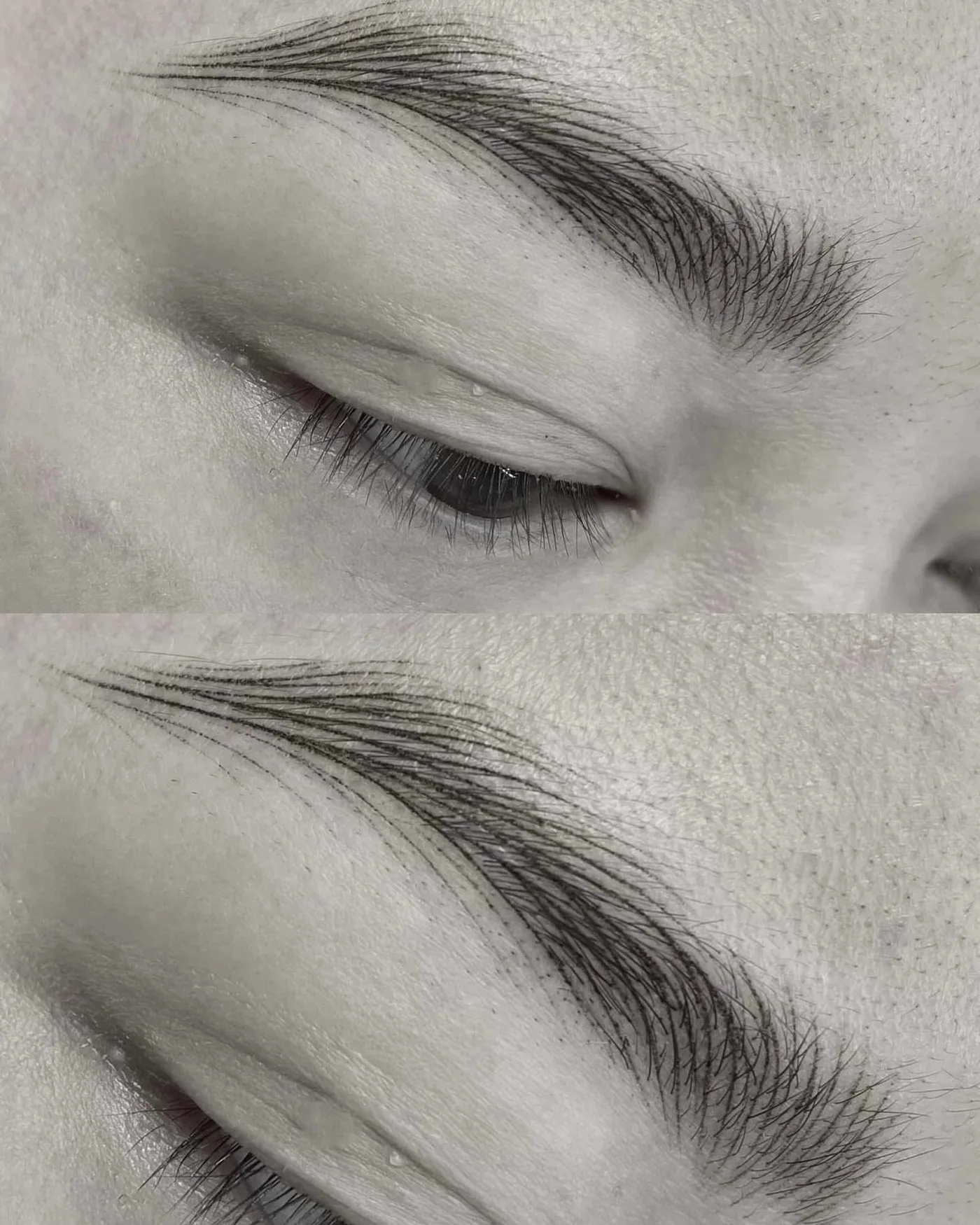 Close-up comparison of healed hairstroke brows
