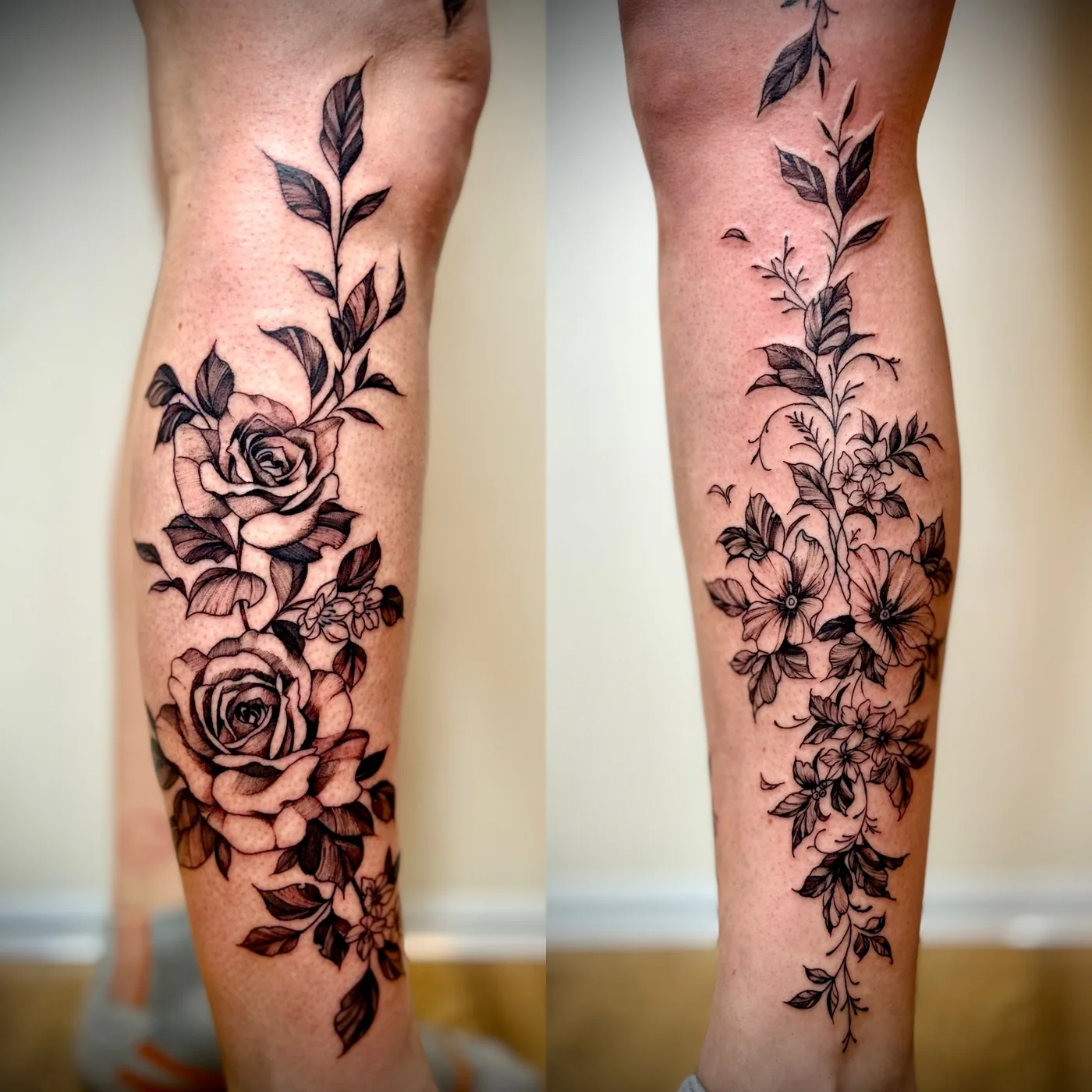 Detailed rose and botanical forearm tattoos